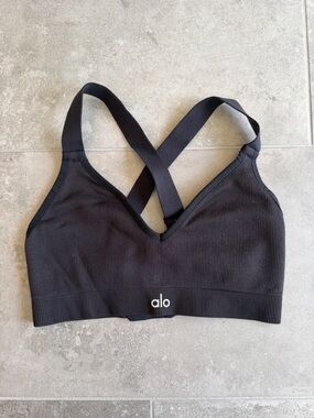 ALO Yoga Black Ribbed Cross-Back Sports Bra